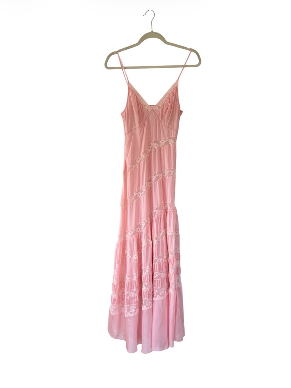 LoveShackFancy Blush Pink Silk Lace-Trim Maxi Dress
